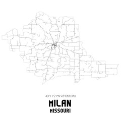 Milan Missouri. US street map with black and white lines.