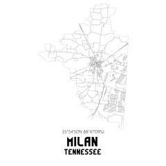 Milan Tennessee. US street map with black and white lines.