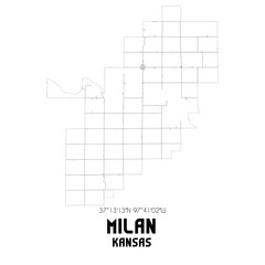 Milan Kansas. US street map with black and white lines.