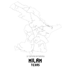 Fototapeta na wymiar Milam Texas. US street map with black and white lines.