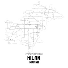 Milan Indiana. US street map with black and white lines.