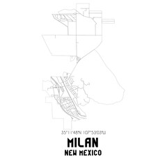 Milan New Mexico. US street map with black and white lines.