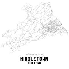 Middletown New York. US street map with black and white lines.