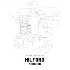 Milford Michigan. US street map with black and white lines.