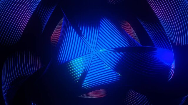 Pulsating neon blue purple rotating background VJ Loop. 3D graphics for music stage transition, shows, retro, hitech.