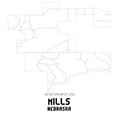 Mills Nebraska. US street map with black and white lines.