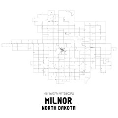 Fototapeta na wymiar Milnor North Dakota. US street map with black and white lines.