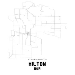 Milton Iowa. US street map with black and white lines.