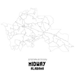 Midway Alabama. US street map with black and white lines.