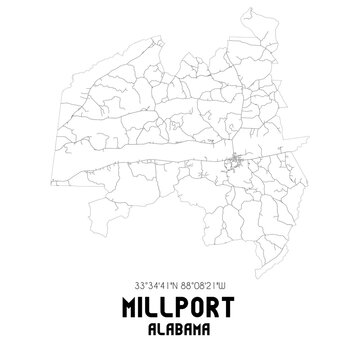 Millport Alabama. US street map with black and white lines.