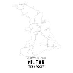 Milton Tennessee. US street map with black and white lines.