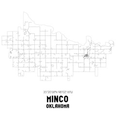 Minco Oklahoma. US street map with black and white lines.