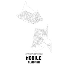Mobile Alabama. US street map with black and white lines.