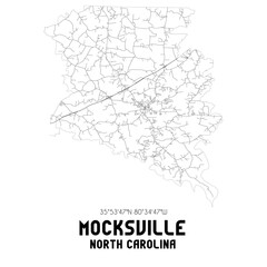 Mocksville North Carolina. US street map with black and white lines.