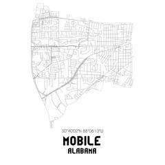 Mobile Alabama. US street map with black and white lines.