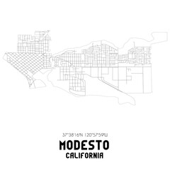 Modesto California. US street map with black and white lines.