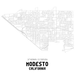 Modesto California. US street map with black and white lines.