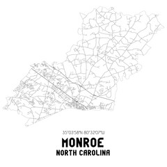 Monroe North Carolina. US street map with black and white lines.