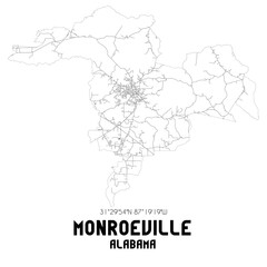 Monroeville Alabama. US street map with black and white lines.