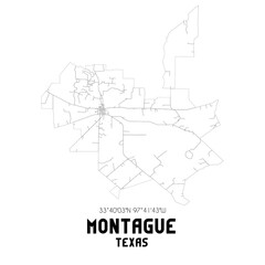 Montague Texas. US street map with black and white lines.