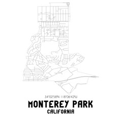 Monterey Park California. US street map with black and white lines.