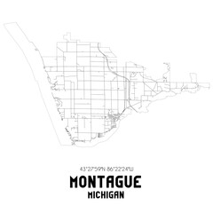 Montague Michigan. US street map with black and white lines.