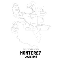 Monterey Louisiana. US street map with black and white lines.