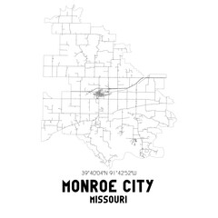 Monroe City Missouri. US street map with black and white lines.