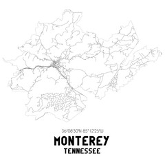 Monterey Tennessee. US street map with black and white lines.