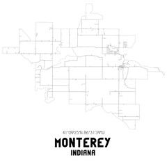 Monterey Indiana. US street map with black and white lines.