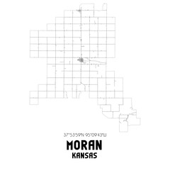 Moran Kansas. US street map with black and white lines.