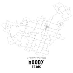 Moody Texas. US street map with black and white lines.