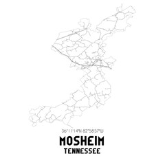 Mosheim Tennessee. US street map with black and white lines.