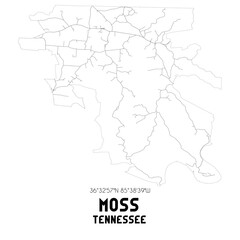 Moss Tennessee. US street map with black and white lines.