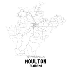 Moulton Alabama. US street map with black and white lines.