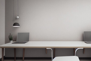 Office interior with furniture and paraphernalia. Office mockup with table and chairs, open space room for the placement of corporate attributes of the company. 3D
