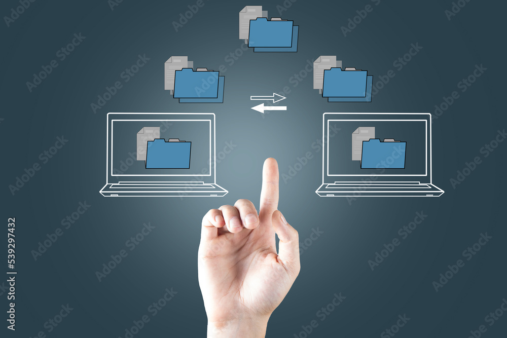 Poster transferring files between laptops on a virtual screen.