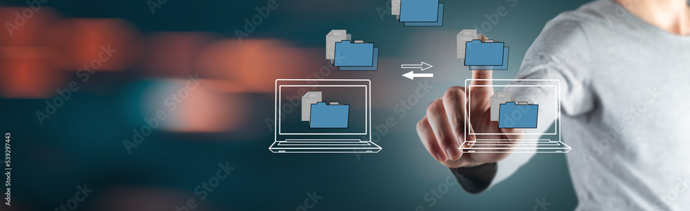 Poster transferring files between laptops on a virtual screen.