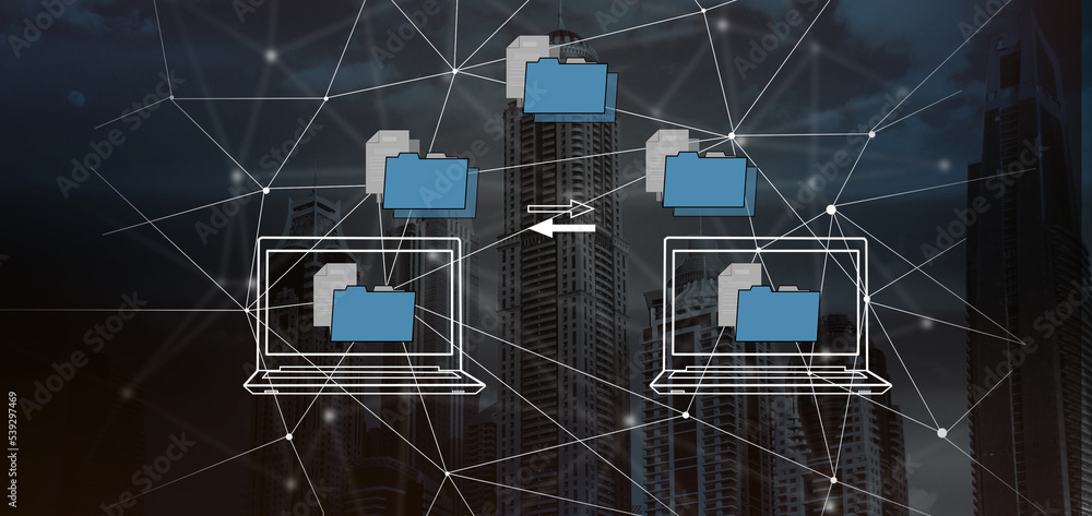 Poster transferring files between laptops on a virtual screen.