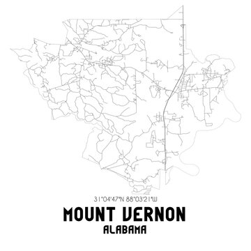 Mount Vernon Alabama. US street map with black and white lines.