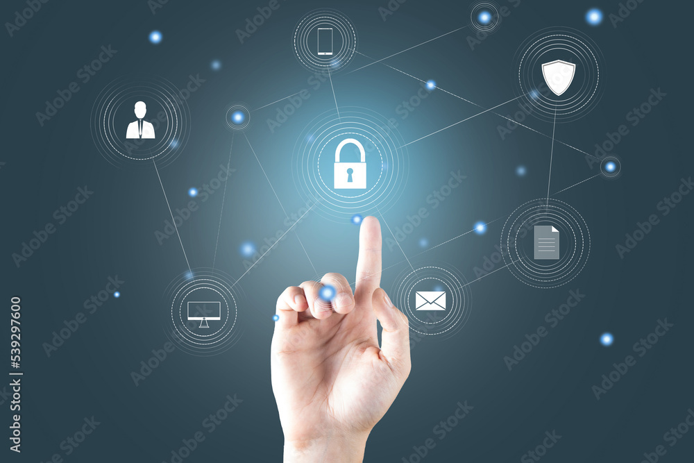 Poster lock and icons on virtual screen. data protection concept.