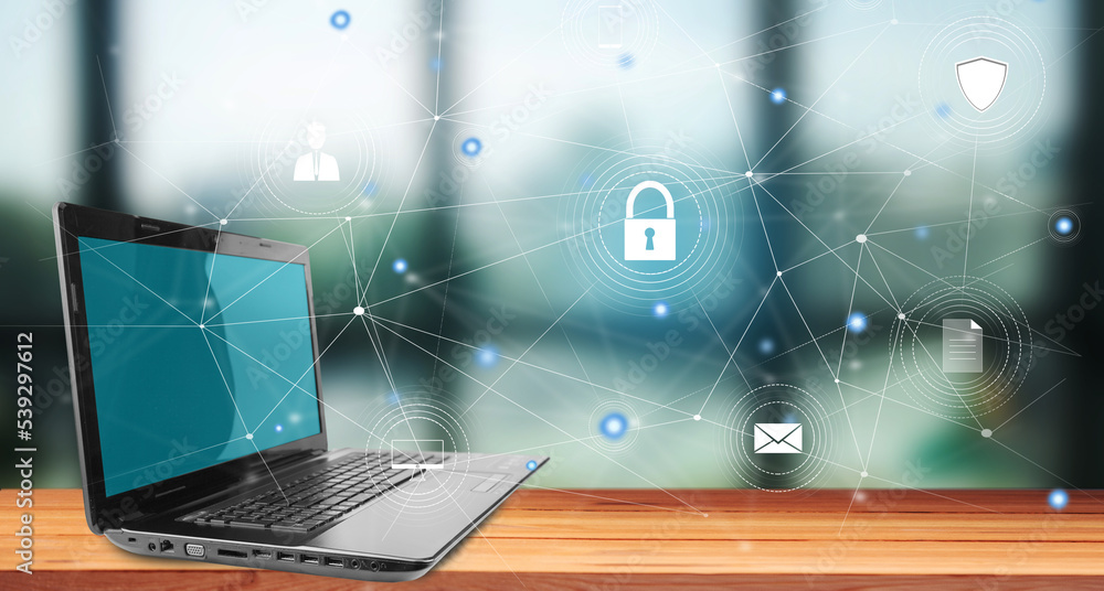 Poster lock and icons on virtual screen. data protection concept.