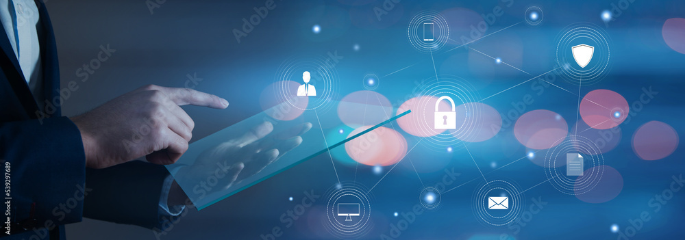 Poster lock and icons on virtual screen. data protection concept.