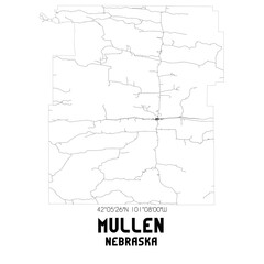 Mullen Nebraska. US street map with black and white lines.