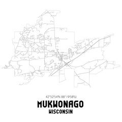 Mukwonago Wisconsin. US street map with black and white lines.