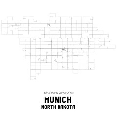Munich North Dakota. US street map with black and white lines.