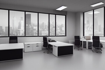 Office space with tables and chairs. Room for office workers open space. Office room for the placement of corporate attributes of the company. 3D office rendering.
