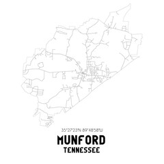 Munford Tennessee. US street map with black and white lines.