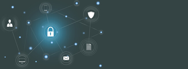 Lock and icons on virtual screen. Data protection concept