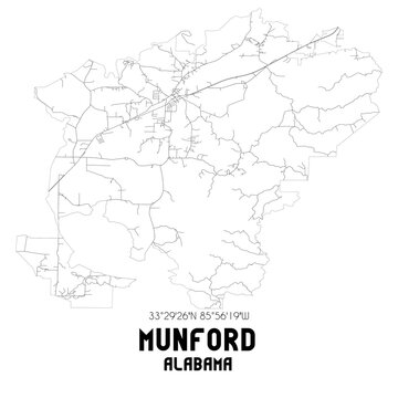 Munford Alabama. US street map with black and white lines.